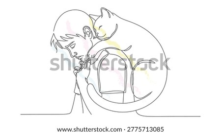 Single line artistic drawing capturing intimate moment of affection between person and feline friend with soft brush decoration.