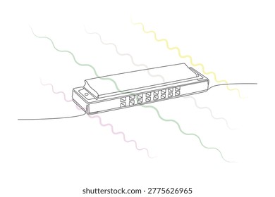 Single line artistic rendering of small musical instrument with vibrant energy waves illustrating sound waves and melodic resonance flow.