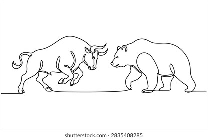 Single line artistic representation of aggressive bull and calm bear signifying stock market trends investment strategy and financial volatility concepts for trading platform.