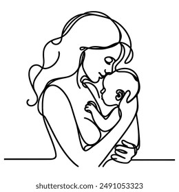 Single line artwork emphasizing the tender relationship of mother and child.