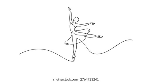 single line ballet dancer pose.continuous line drawing of woman performing elegant ballet pose.grace and balance concept.one line vector illustration.
