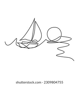Single line beach vacation icon - One continuous line drawing of traditional sailboat going to beach against full moon or sun background. Vector illustration of sailboat and moon sun on the beach.