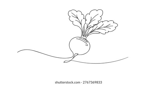 single line beetroot.continuous line drawing of fresh beetroot with leaves.organic food and healthy nutrition concept.one line vector illustration.