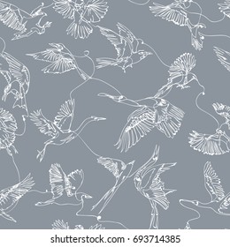 Single line birds drawing seamless pattern, artistic repeat background for web and print
