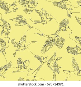 Single line birds drawing seamless pattern, artistic repeat background for web and print