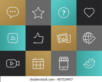 Single Line Blog, Social Network Pictograms Set. Bulb with dots, question mark, heart, rss, thumb up, pictures, globe with a pencil, bird, smartphone, calendar, camera
