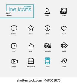 Single Line Blog, Social Network Pictograms Set. User, news, bubble, star, faq, heart rss like gallery video calendar shop bird