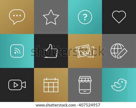 Single Line Blog, Social Network Pictograms Set. Bulb with dots, question mark, heart, rss, thumb up, pictures, globe with a pencil, bird, smartphone, calendar, camera