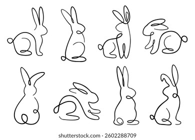 Single line bunnies. Collection of continuous line drawn rabbits. Cute adorable line art bunnies sketches with black thin line.