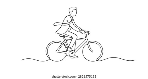 Single line businessman cycling. Continuous line drawing of a businessman riding a bicycle. Promotes sustainable commuting and active business lifestyle. One line vector illustration.