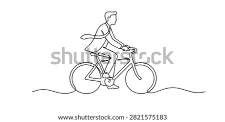 Single line businessman cycling. Continuous line drawing of a businessman riding a bicycle. Promotes sustainable commuting and active business lifestyle. One line vector illustration.
