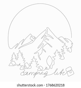SIngle Line Camping Life Concept. One line drawing vector illustration.