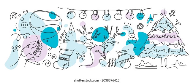 Single line Chritmas doodle illustration. Outline drawing of a deer, snowman, winter, vector art.