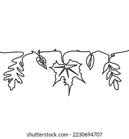 Single line from collection of fallen leaves in autumn for top frame. One continuous line drawing of Autumn leaves design Minimalism art. Vector illustration of leaves in autumn. Nature, autumn theme.