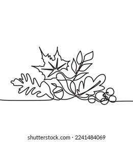 Single line of collection of fallen leaves in autumn for bottom frame and corners. Maple leaves line art in autum. Contour drawing. Minimalist art modern. Vector illustration of leaves in autumn.