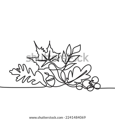 Single line of collection of fallen leaves in autumn for bottom frame and corners. Maple leaves line art in autum. Contour drawing. Minimalist art modern. Vector illustration of leaves in autumn.