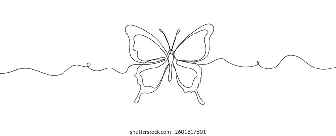 Single line, continuous, butterfly line art vector business illustration with transparent background.