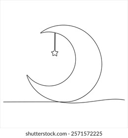 Single line continuous drawing of crescent moon for Ramadan element simple crescent moon line art style vector illustration