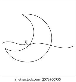 Single line continuous drawing of crescent moon for Ramadan element simple crescent moon line art style vector illustration