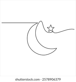 Single line continuous drawing of crescent moon for Ramadan element simple crescent moon line art style vector illustration