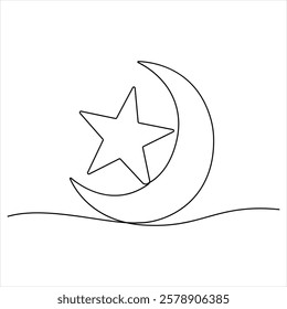 Single line continuous drawing of crescent moon for Ramadan element simple crescent moon line art style vector illustration