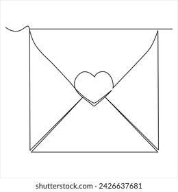 Single line continuous drawing of envelope with red heart and love letter.Template for invitations and love cards outline vector illustration