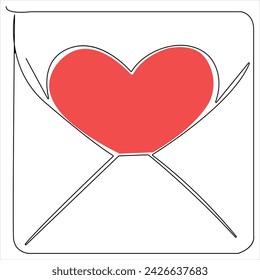Single line continuous drawing of envelope with red heart and love letter.Template for invitations and love cards outline vector illustration