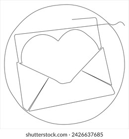 Single line continuous drawing of envelope with red heart and love letter.Template for invitations and love cards outline vector illustration