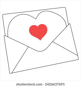 Single line continuous drawing of envelope with red heart and love letter.Template for invitations and love cards outline vector illustration