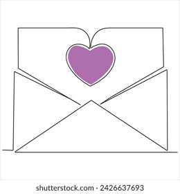 Single line continuous drawing of envelope with red heart and love letter.Template for invitations and love cards outline vector illustration