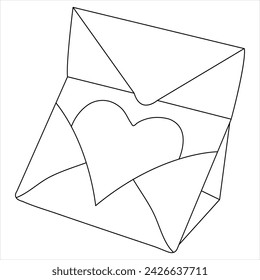 Single line continuous drawing of envelope with red heart and love letter.Template for invitations and love cards outline vector illustration