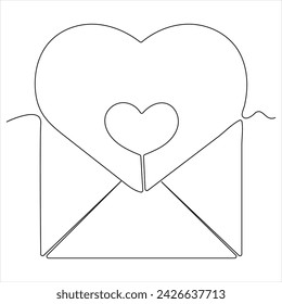 Single line continuous drawing of envelope with red heart and love letter.Template for invitations and love cards outline vector illustration