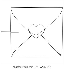Single line continuous drawing of envelope with red heart and love letter.Template for invitations and love cards outline vector illustration