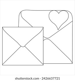 Single line continuous drawing of envelope with red heart and love letter.Template for invitations and love cards outline vector illustration