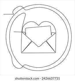 Single line continuous drawing of envelope with red heart and love letter.Template for invitations and love cards outline vector illustration