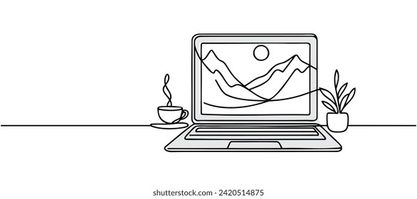 Dibujo continuo de una sola línea del portátil portátil portátil aislado en fondo blanco. Ilustración vectorial.