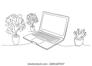Dibujo continuo de una sola línea de la computadora portátil Ilustración vectorial de contorno mínima
