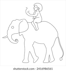 Single line continuous drawing of man riding elephant and concept world wild life day outline vector illustration