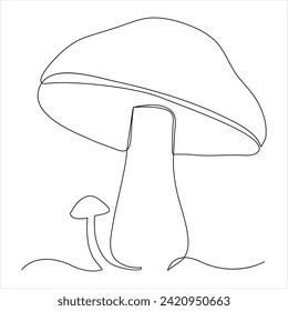Single line continuous drawing of mushroom and mushroom outline vector art drawing