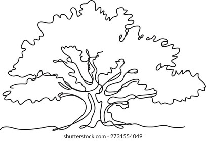 Einzeilige durchgehende Zeichnung, die großen reifen Eichenbaum mit detaillierter Verzweigung und voller Baumkronen darstellt. Minimalistische Naturskizze, die Stärke, Wachstum und Langlebigkeit symbolisiert.