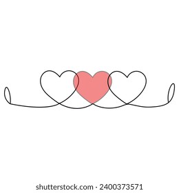 Single line continuous drawing of romantic love and heart shape outline vector illustration