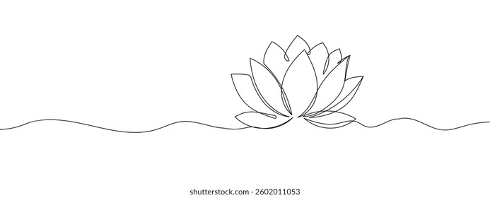 Single line, continuous, lotus flower line art vector illustration with transparent background.