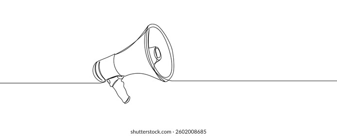 Single line, continuous, megaphone line art vector illustration with transparent background.