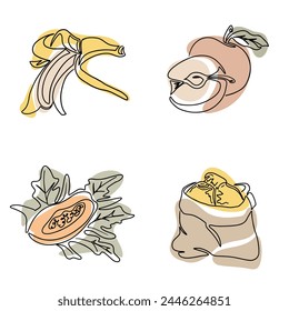 Einzeiliger Kontursatz von Fruchtzeichnungen im Boho-Stil. Outline isolierte Banane, Apfel, Papaya, Zitronen. Botanische Retro-Vintage-Zeichnung. Modernes Design aus der Mitte des Jahrhunderts für Drucke, Poster, Bildschirmhintergrund.