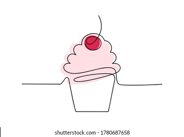 Single line cupcake with cream and cherry. Hand drawing art dessert theme with muffin and red cherry for logo isolated on white background. Minimalistic poster. Vector illustration