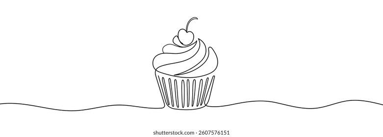 Single line cupcake with cream and cherry. Hand drawing art dessert theme with muffin and red cherry Editable stroke