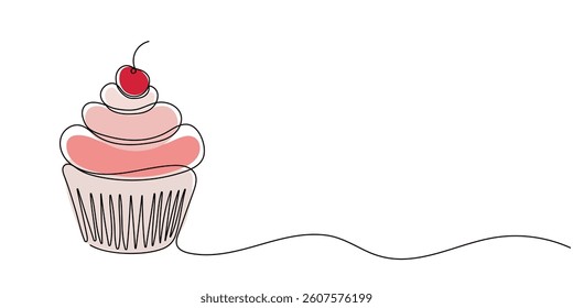 Single line cupcake with cream and cherry. Hand drawing art dessert theme with muffin and red cherry Editable stroke