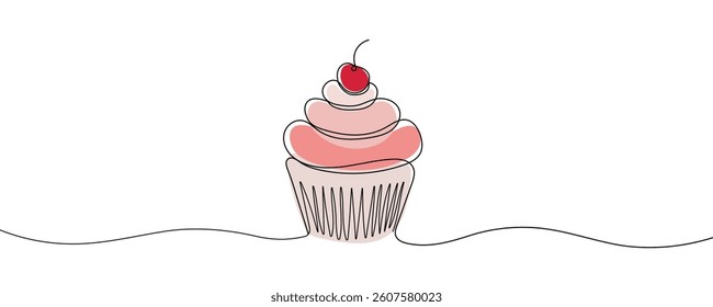 Single line cupcake with cream and cherry. Hand drawing art dessert theme with muffin and red cherry Editable stroke