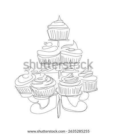 Single line cupcake with cream.  Hand drawing art dessert theme with muffins  for logo isolated on white background. Minimalistic poster. Vector illustration. Hand made vector not Al
