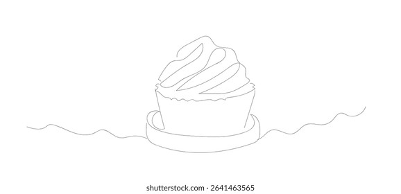 Single line  cupcake with cream.  Minimalistic poster.  Hand drawing art dessert theme with muffin  for logo isolated on white background.  Vector illustration. Hand made vector not Al.